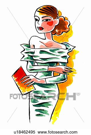 Young woman in a green dress holding a purse View Large Illustration Stock Illustration - Young woman in a green dress holding a purse. Fotosearch