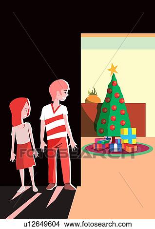 兄弟 と 姉妹 上に秘密に調べる プレゼント クリスマスツリーの下で イラスト U Fotosearch