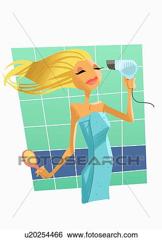 Blonde woman drying hair in bathroom View Large Illustration Stock Illustration - Blonde woman drying hair in bathroom. Fotosearch