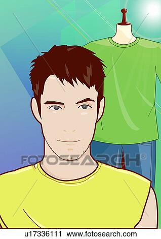 Closeup of man with a clothes mannequin in background View Large Illustration Clip Art - Closeup of man with a clothes mannequin in background. Fotosearch