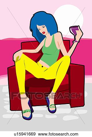 Cool young woman posing on an armchair with a drink View Large Illustration Stock Illustration - Cool young woman posing on an armchair with a drink. Fotosearch