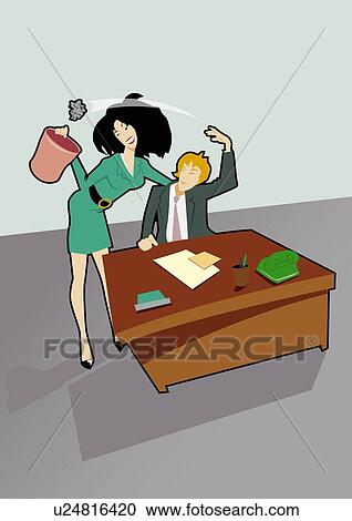 Clipart - Man at desk playing ball with a piece of crumbled paper with his secretary. Fotosearch