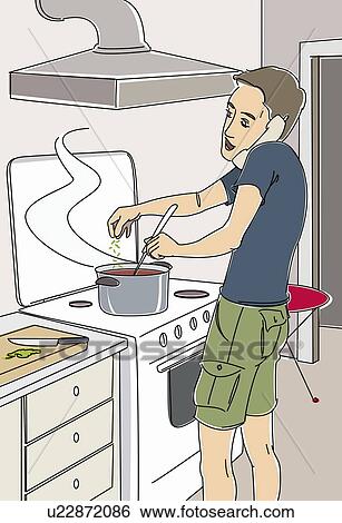 Man cooking dinner on the phone Stock Illustration | u22872086 | Fotosearch