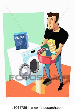 Clip Art - Man emptying washing machine of laundry. Fotosearch