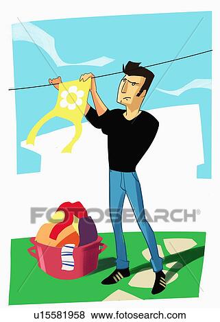 Man hanging laundry on terrace Stock Illustration | u15581958 | Fotosearch