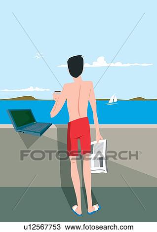 Drawing - Man looking at sea view with laptop. Fotosearch