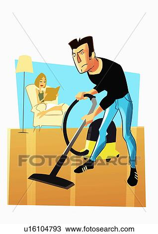 Drawing - Man vacuuming floor while woman reads. Fotosearch