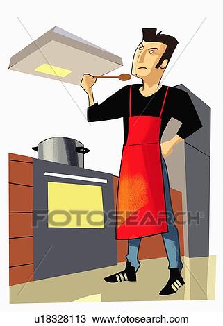Drawing - Man with apron tasting his cooking. Fotosearch