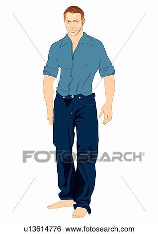 Stock Illustration - Muscular man posing with jeans and blue shirt. Fotosearch