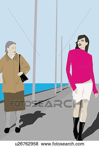 Old woman looking jealously at young beautiful woman passing by View Large Illustration Stock Illustration - Old woman looking jealously at young beautiful woman passing by. Fotosearch