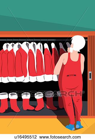 Drawing - Santa Claus choosing an outfit. Fotosearch