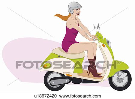 Sexy redhead with helmet, short skirt, and boots driving scooter View Large Illustration Clipart - Sexy redhead with helmet, short skirt, and boots driving scooter. Fotosearch