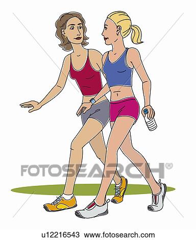 Drawing - Two women walking for exercise. Fotosearch