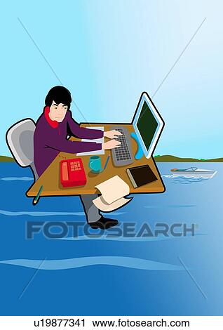 Clipart of Man working at desk hovering over a sea vacation landscape ...