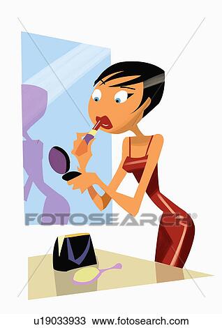 Woman in red dress putting on some lipstick View Large Illustration Drawing - Woman in red dress putting on some lipstick. Fotosearch