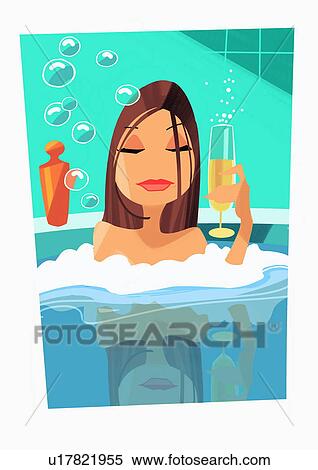 Stock Illustration - Woman in the tub with a drink. Fotosearch