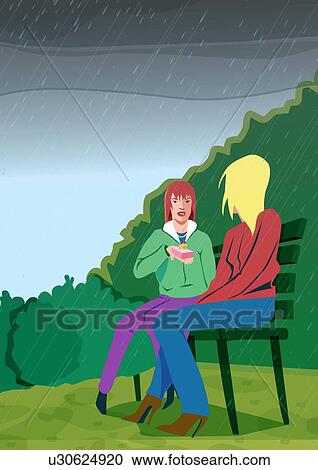 Clipart - Woman proposing to another woman with a wedding ring on a rainy day in the park. Fotosearch