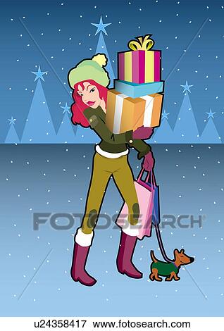 Stock Illustration - Woman returning from shopping with many presents. Fotosearch