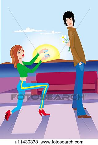 Stock Illustration - Woman surprising man by proposing to him on her knees. Fotosearch
