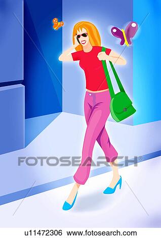 Stock Illustration - Woman walking down street talking on mobile phone. Fotosearch