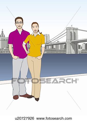 Stock Illustration - Young couple standing in front of East River with the Brooklyn Bridge in the background. Fotosearch