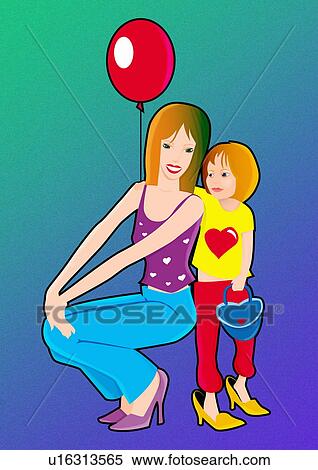 Stock Illustration - Young mother crouching down to pose with her daughter. Fotosearch