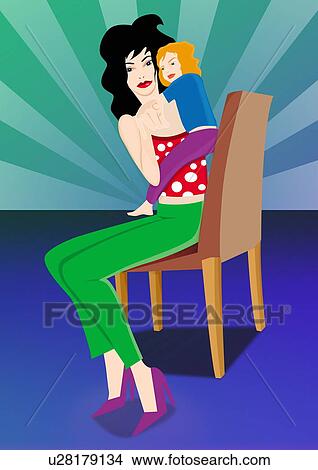 Stock Illustration - Young mother in chair with daughter in her arms. Fotosearch