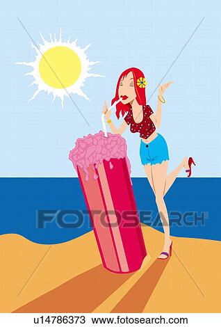 Young woman drinking an enormous granita on the beach View Large Illustration Drawing - Young woman drinking an enormous granita on the beach. Fotosearch