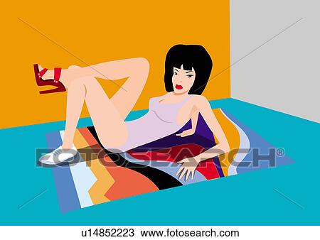 Drawing - Young woman exercising on floor mat with one athletic shoe and one high heel. Fotosearch