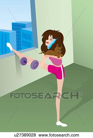 Stock Illustration - Young woman exercising while holding the phone and her dog. Fotosearch