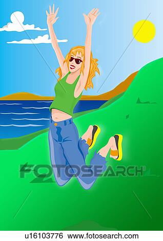 Stock Illustration - Young woman jumping in the air by the seaside. Fotosearch