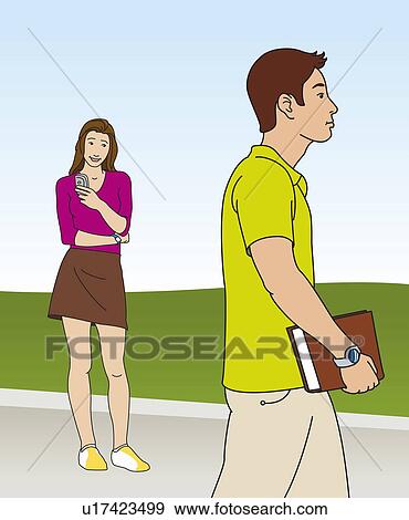 Stock Illustration - Young woman looking at a man walking by. Fotosearch