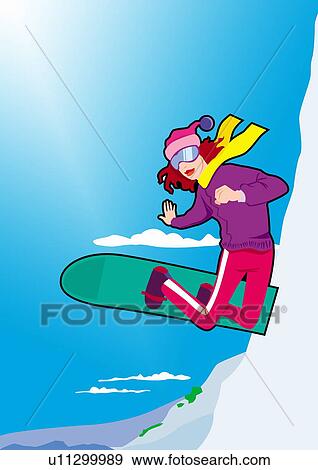 Stock Illustration - Young woman on her snowboard jumping in the air. Fotosearch