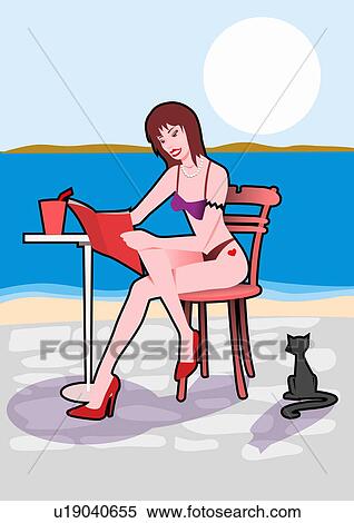 Stock Illustration - Young woman sitting at cafe table by beach with a cat. Fotosearch