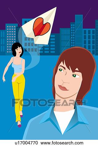 Clipart - Young woman throwing a heart paper airplane with young man watching. Fotosearch