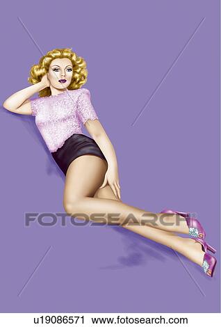 Clip Art - Blonde pinup girl in high heels lying suggestively on the ground. Fotosearch