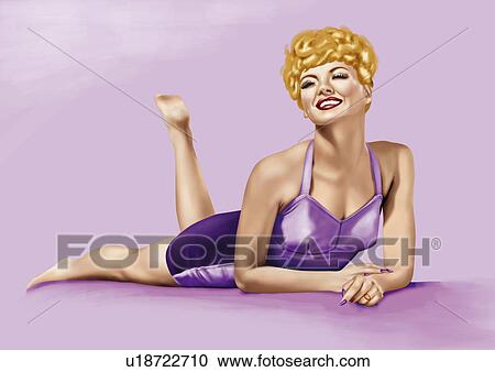 Clipart - Blonde pinup girl lying on her stomach. Fotosearch