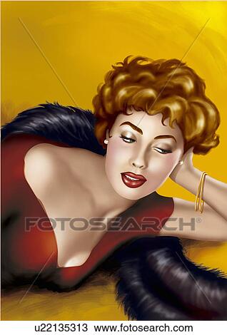 Drawing - Closeup of pinup girl lying down. Fotosearch