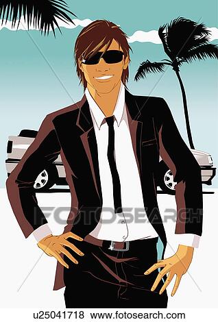 Cool looking man in suit with sporty car in the background View Large Illustration Stock Illustration - Cool looking man in suit with sporty car in the background. Fotosearch