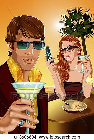 Stock Illustration - Man and woman having cocktails over sunset. Fotosearch