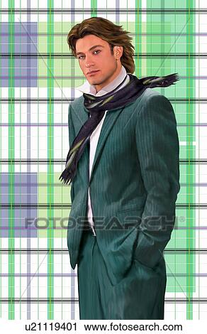 Man modeling a pinstriped suit and a scarf View Large Illustration Clip Art - Man modeling a pinstriped suit and a scarf. Fotosearch