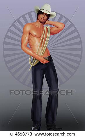 Drawing - Man with cowboy hat, lasso, and bare chest. Fotosearch