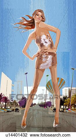 Model standing in street with hands on her hips View Large Illustration Drawing - Model standing in street with hands on her hips. Fotosearch