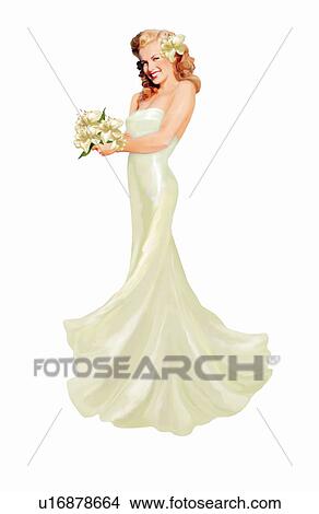 Stock Illustration - Pinup girl dressed in white gown with flowers. Fotosearch
