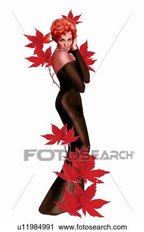 Clip Art - Pinup girl in black dress with red leaves. Fotosearch
