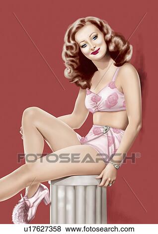 Stock Illustration - Pinup girl in pink flowery lingerie posing on column. Fotosearch