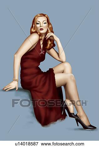 Pinup Girl Posing In Red Gown And Black Heels Stock Illustration U Fotosearch