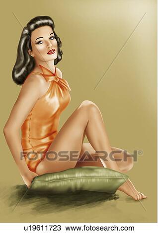Drawing - Pinup girl sitting on green cushion. Fotosearch
