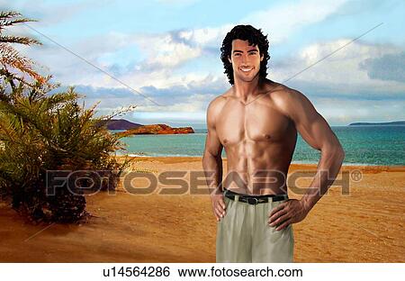 Stock Illustration - Shirtless man posing on beach. Fotosearch
