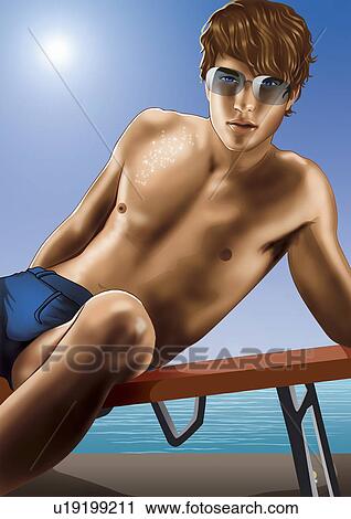 Clip Art - Teenage boy posing on the rail of a sailboat. Fotosearch